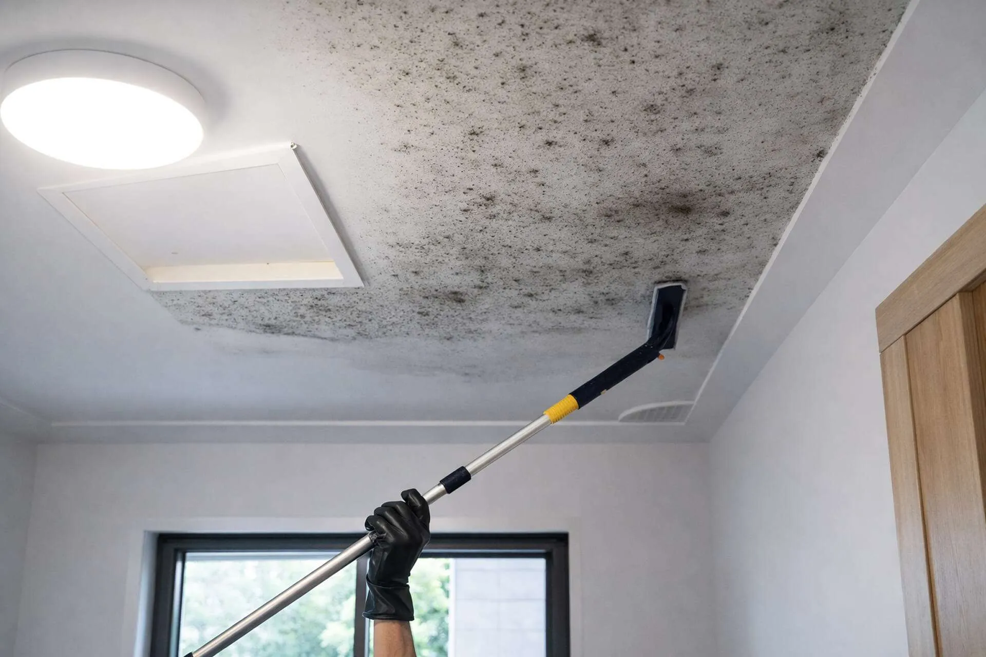Mold remediation technician inspecting visible growth inside a protected work area